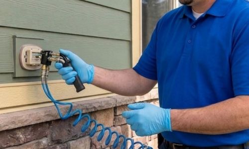 Pest control technician servicing a tube-in-the-wall pest control system through an exterior access port.